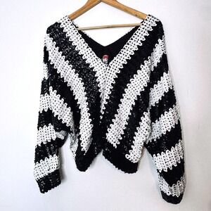 Vintage‎ 80s Marshall Rousso Sequin Top Black White Striped Party V Neck Blouse